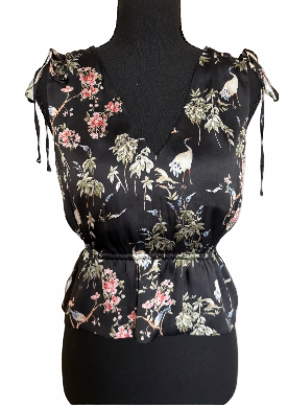Banana Republic Sleeveless V-Neck Tie-Shoulder Floral Top - Black with Pink